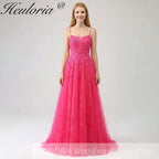 HEULORIA Vibrant Fuchsia Lace Prom Dress - Spaghetti Strap Bodice with High Slit & Corset Back ED-374