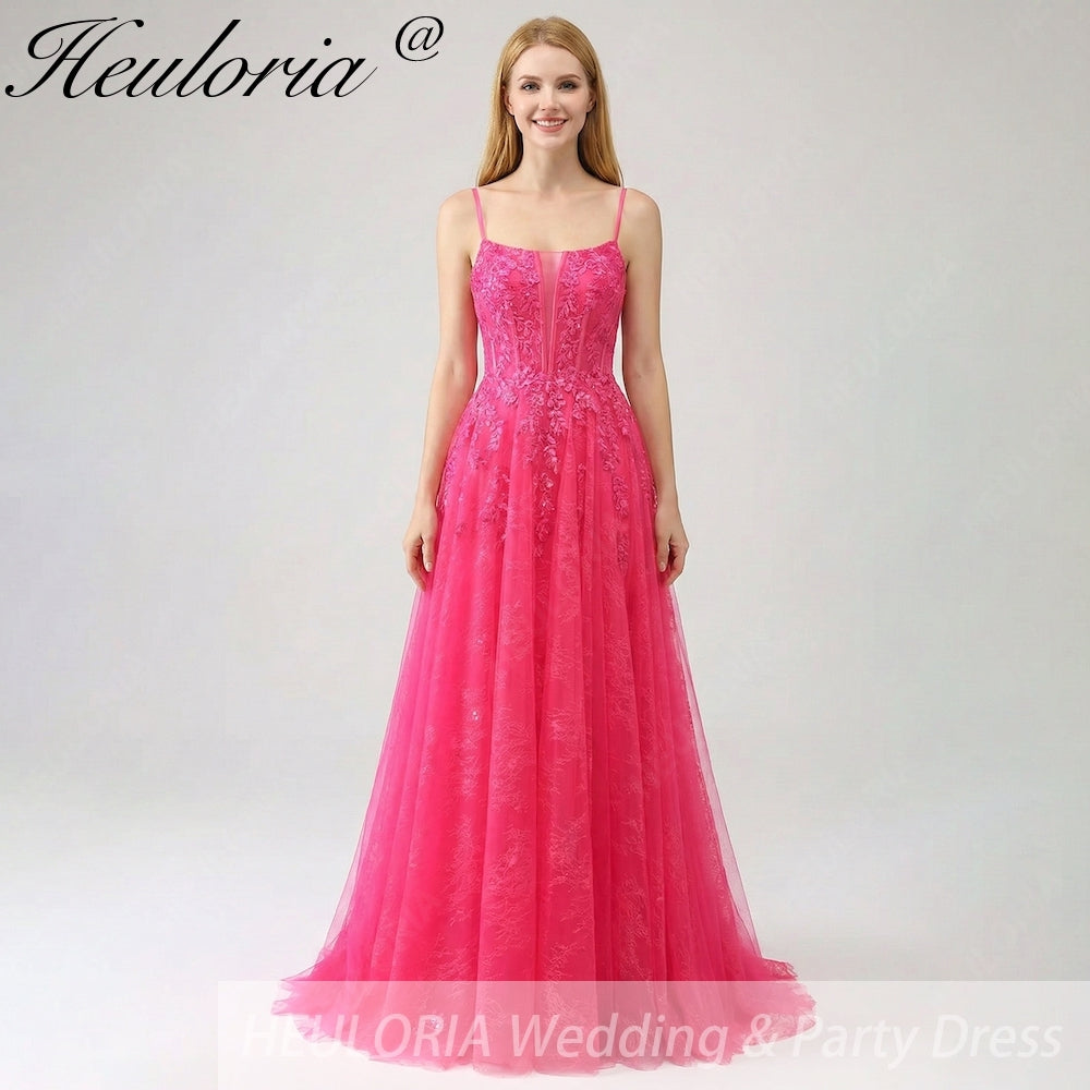 HEULORIA Vibrant Fuchsia Lace Prom Dress - Spaghetti Strap Bodice with High Slit & Corset Back ED-374
