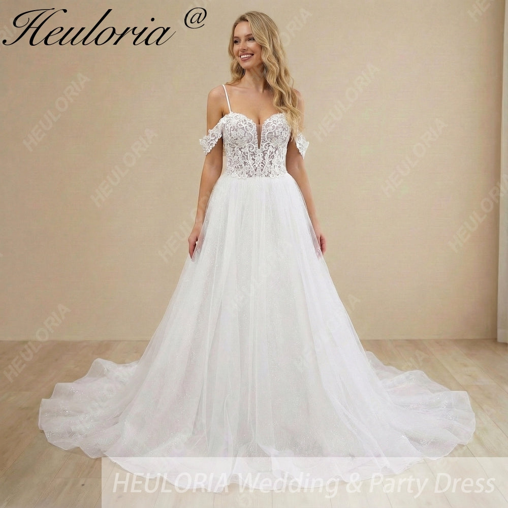 Sparkling Glitter Tulle A-Line Wedding Dress: Sweetheart Plunge & Detachable Lace Sleeves AL-1024