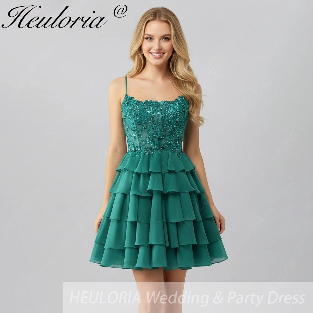 HEULORIA Dark Green Lace Tiered Homecoming Dress - Sequined Bodice with Spaghetti Straps ED-298