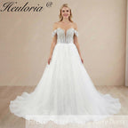 HEULORIA elegant A line wedding dress off shoulder Sparkly Glitter lace bridal dress long sleeve Robe De Mariee Wedding Bride Dress long train AL-1080