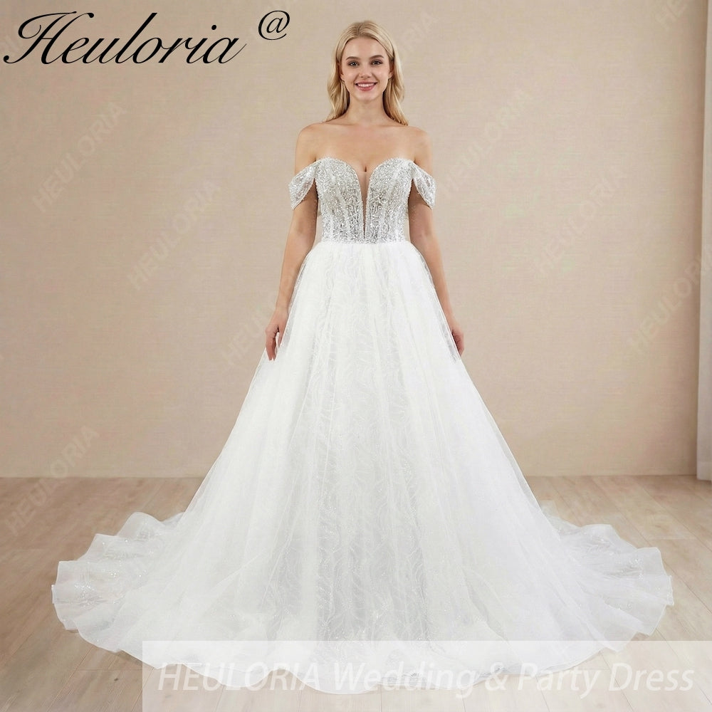 HEULORIA elegant A line wedding dress off shoulder Sparkly Glitter lace bridal dress long sleeve Robe De Mariee Wedding Bride Dress long train AL-1080
