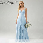 HEULORIA Elegant Cascading Ruffle Chiffon Bridesmaid Dress - Tie-Shoulder V-Neck Maxi Gown ED-252