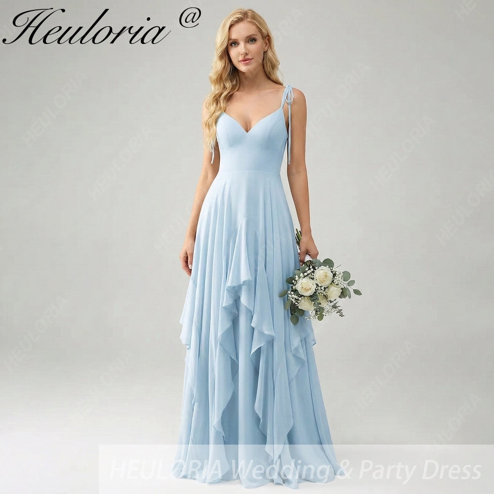 HEULORIA Elegant Cascading Ruffle Chiffon Bridesmaid Dress - Tie-Shoulder V-Neck Maxi Gown ED-252