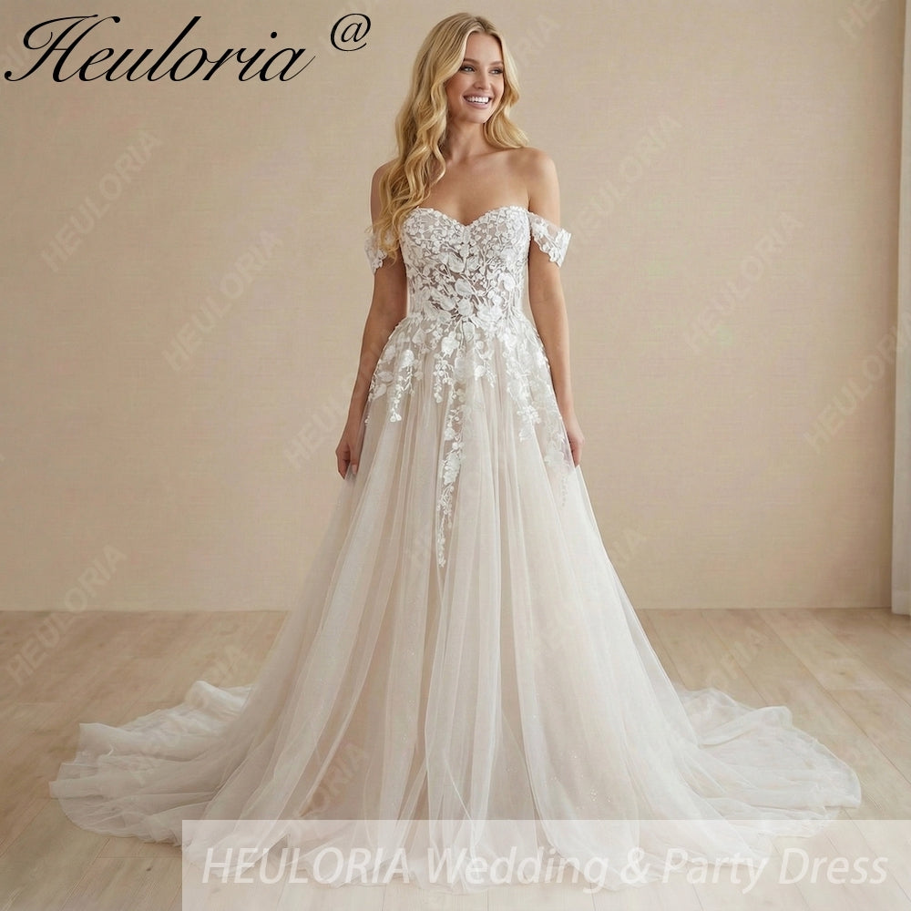 HEULORIA Romantic 3D Floral Lace Off-the-Shoulder A-Line Wedding Dress: Sweetheart Neckline & Shimmer Tulle Train AL-1052