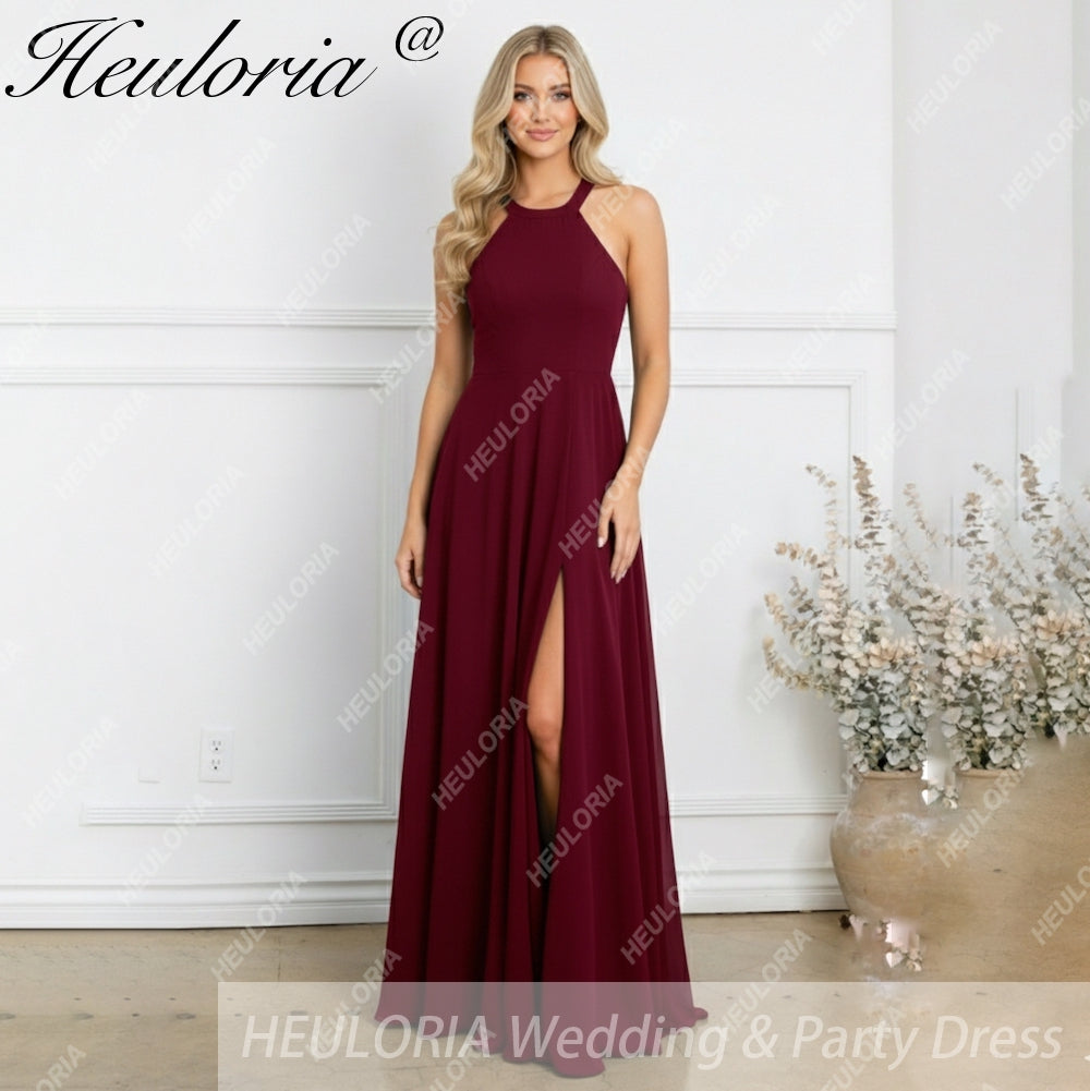 HEULORIA Long Bridemaid dress halter neck chiffon party dress formal dress ED-108