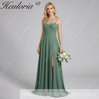 HEULORIA Eucalyptus A-Line Spaghetti Straps Pleated Chiffon Bridesmaid Dress With Slit ED-244