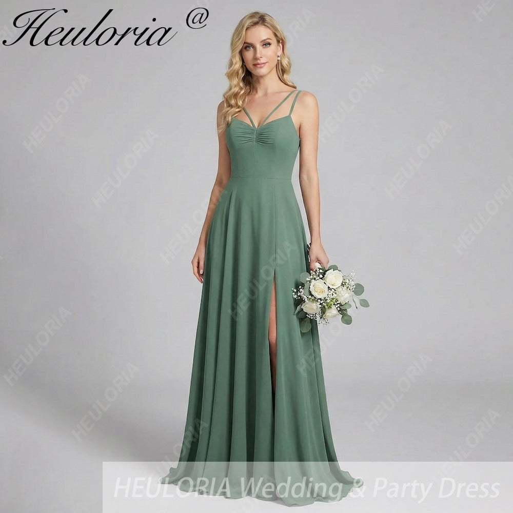 HEULORIA Eucalyptus A-Line Spaghetti Straps Pleated Chiffon Bridesmaid Dress With Slit ED-244