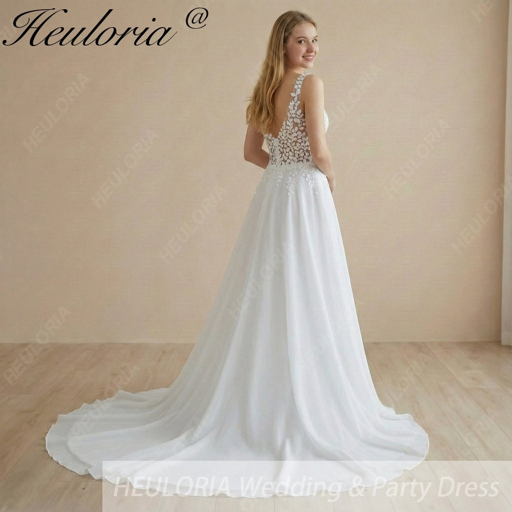 HEULORIA Ethereal A-Line Wedding Dress with Illusion Leaf Lace Bodice and Plunging V-Neck AL-1055