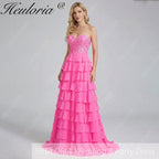 HEULORIA Strapless Sweetheart Lace Bodice Tiered Ruffle Chiffon Prom Gown - Available in Multiple Colors evening dresses ED-235