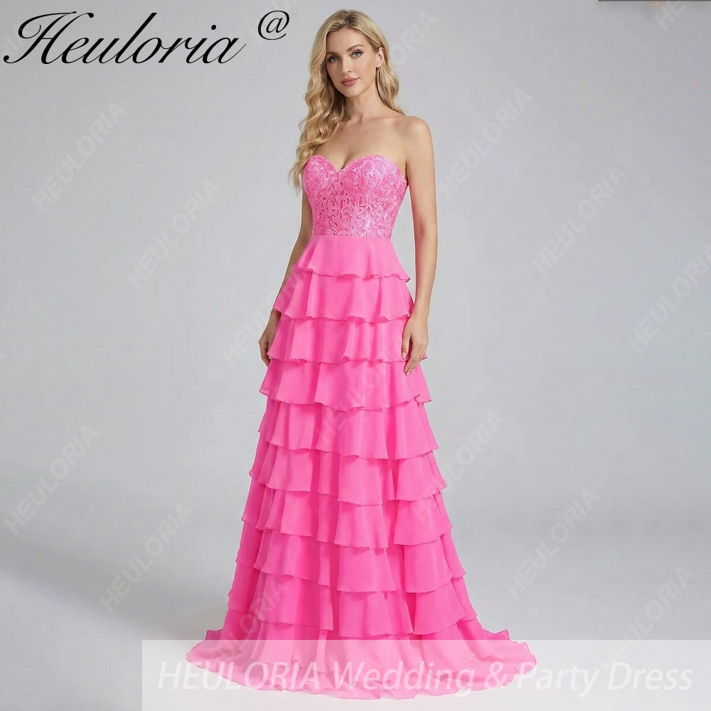 HEULORIA Strapless Sweetheart Lace Bodice Tiered Ruffle Chiffon Prom Gown - Available in Multiple Colors evening dresses ED-235