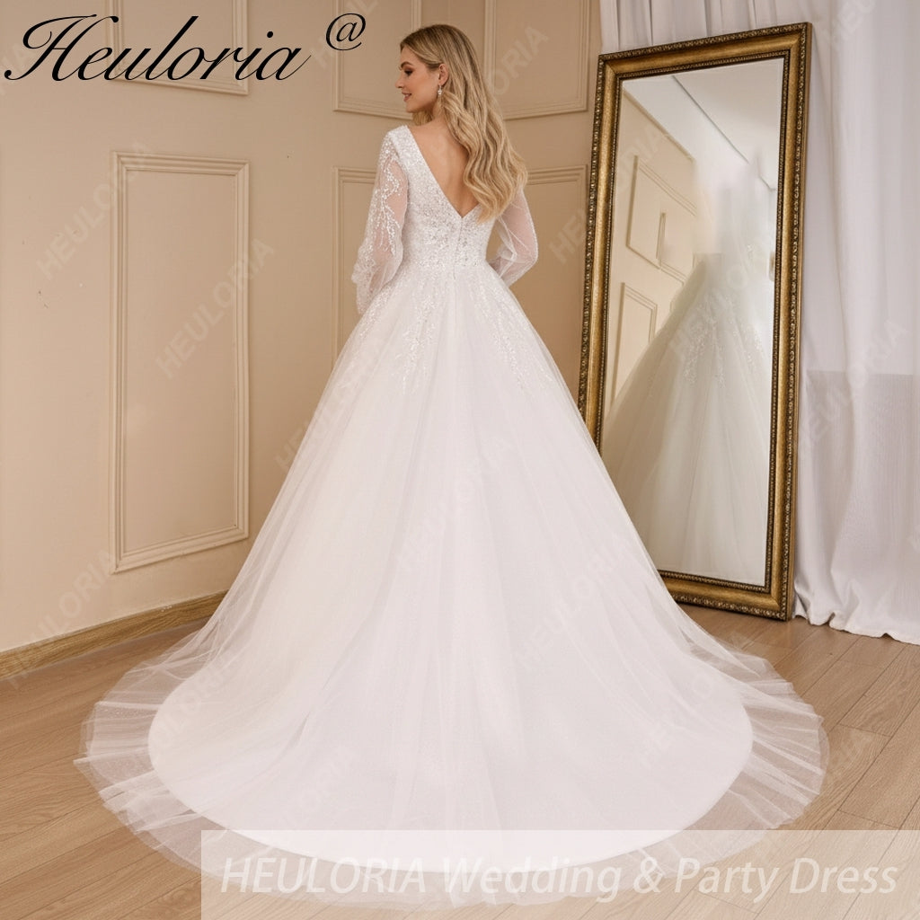 HEULORIA elegant A line wedding dress long sleeve Sparkly Glitter lace beading bride dress Robe De Mariee Wedding Bride Dress AL-820 Immagine secondaria del prodotto