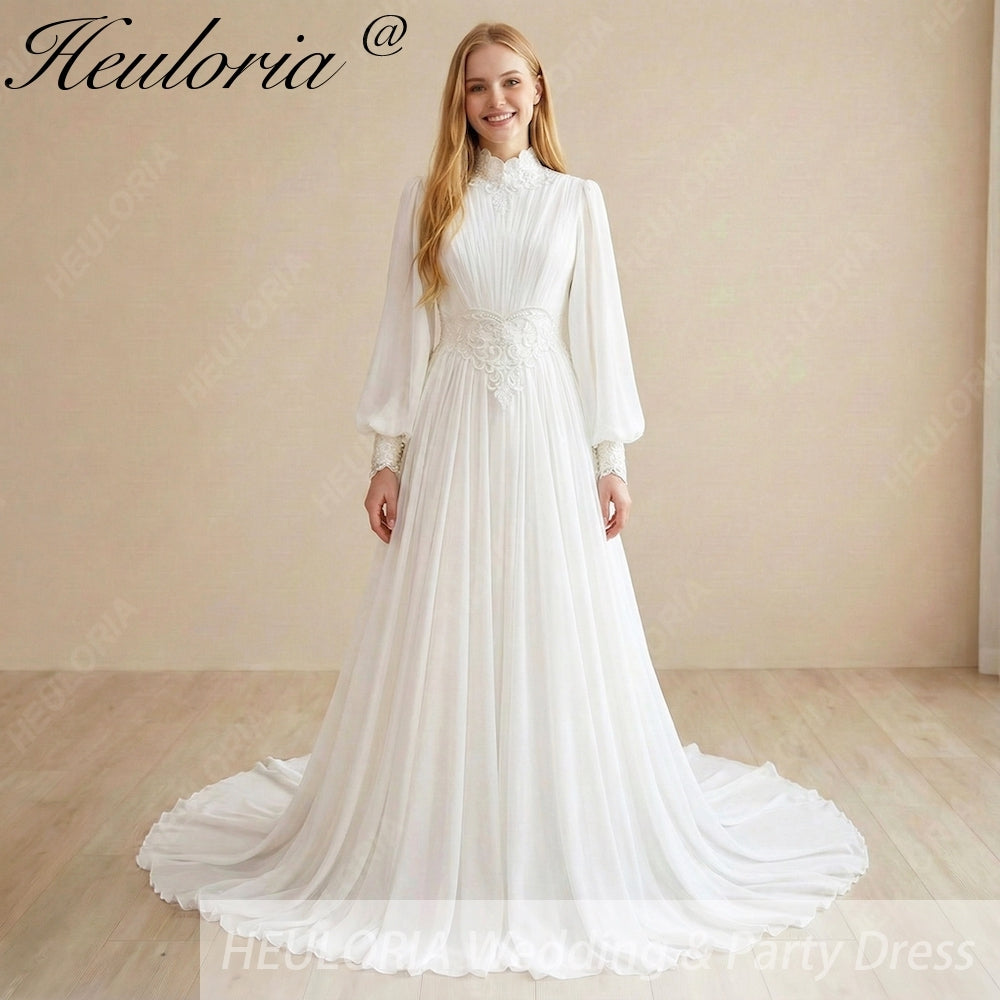 HEULORIA Victorian-Inspired High Neck Lace Wedding Dress - Ethereal Bishop Sleeves & Pleated Chiffon Bridal Gown AL-358