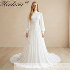 HEULORIA Victorian-Inspired High Neck Lace Wedding Dress - Ethereal Bishop Sleeves & Pleated Chiffon Bridal Gown AL-358