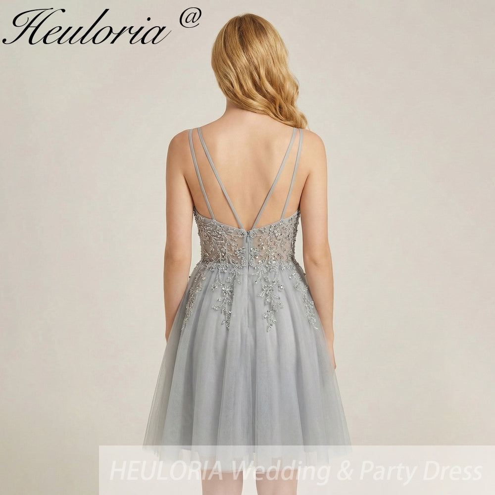 HEULORIA Sparkly Silver-Grey Beaded Tulle Short Prom Dress - Illusion Deep V-Neck & Double Spaghetti Straps ED-305 Image secondaire du produit