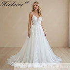 HEULORIA Ethereal Floral Lace A-Line Wedding Dress - Plunge V-Neck & Delicate Spaghetti Straps AL-1051
