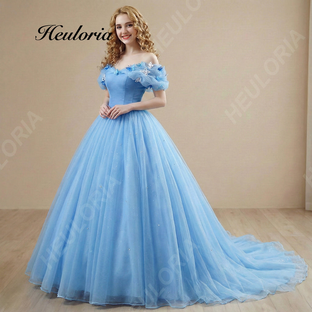 HEULORIA Cinderella Blue Butterfly Ball Gown - Off-the-Shoulder Tulle Quinceañera Prom Dress with Corset Back BA-1310