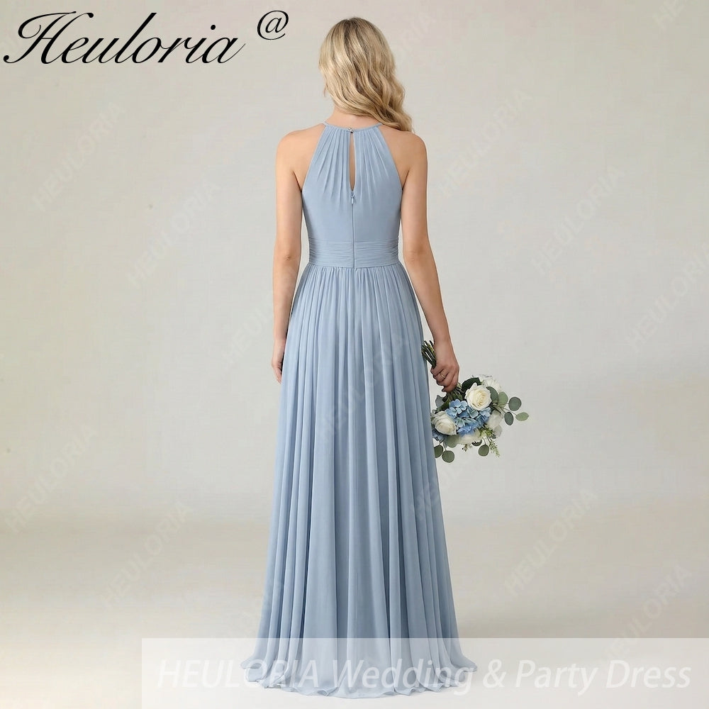 HEULORIA Dusty Blue Halter Keyhole Pleated Chiffon Bridesmaid Dress - Floor Length ED-246 Image secondaire du produit