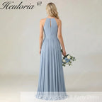 HEULORIA Dusty Blue Halter Keyhole Pleated Chiffon Bridesmaid Dress - Floor Length ED-246