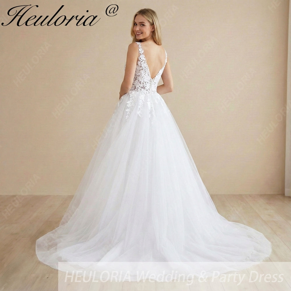 HEULORIA Romantic Illusion V-Neck Floral Lace A-Line Wedding Dress: Exquisite Appliques & Shimmering Tulle AL-1038 Secondary image
