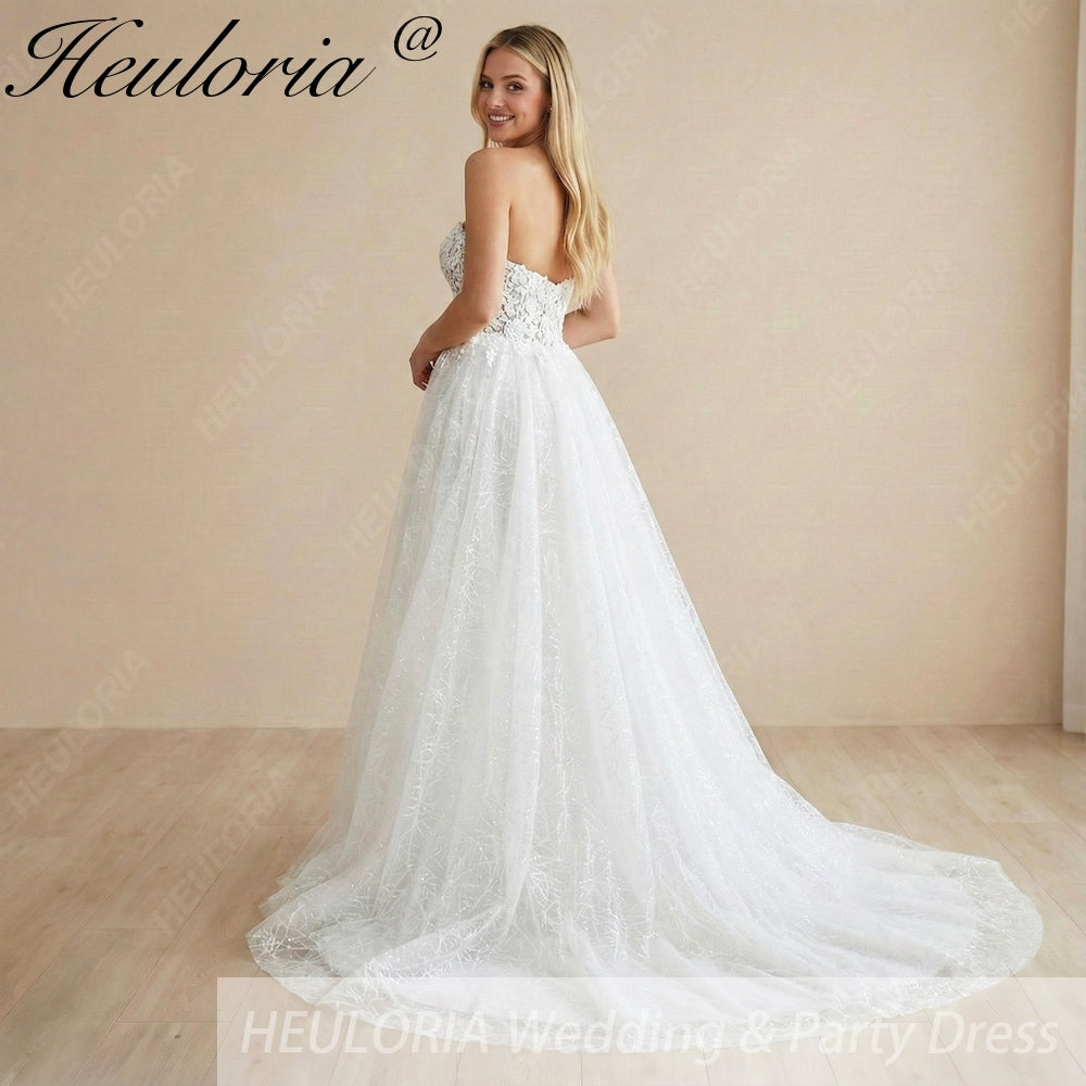 Romantic Sweetheart Strapless A-Line Wedding Dress with Detachable Puff Sleeves & High Slit AL-1008