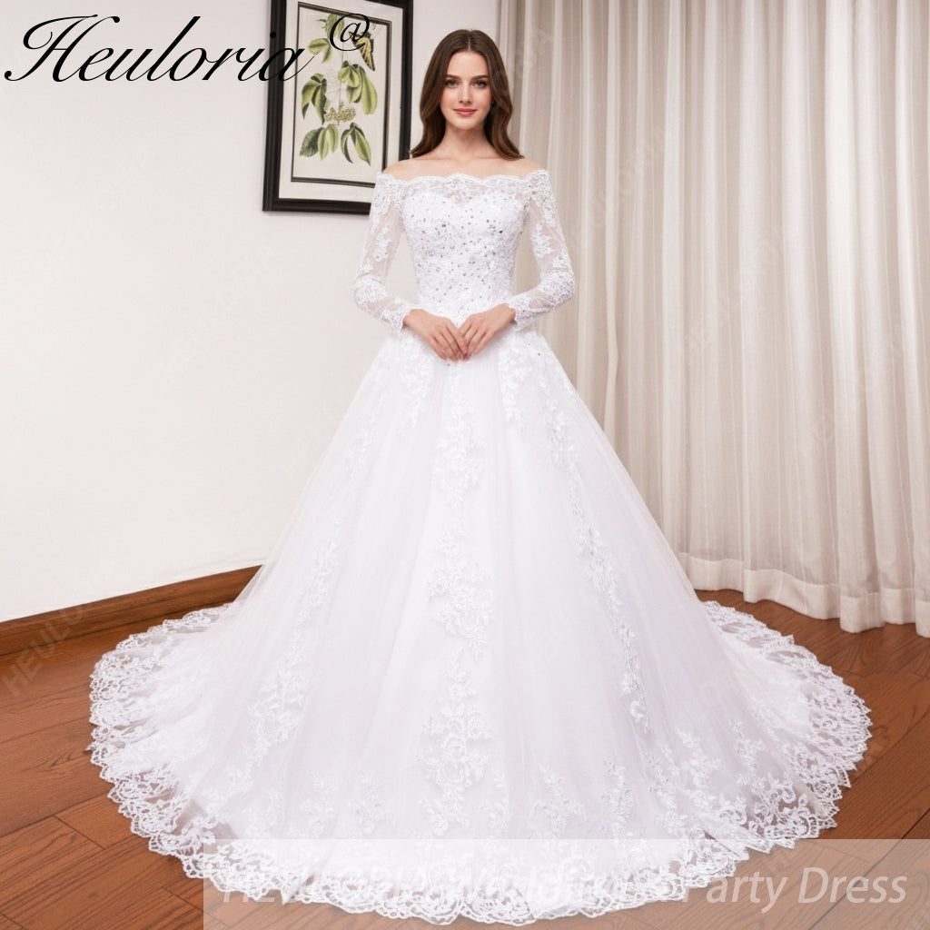 HEULORIA elegant Princess wedding dress long sleeve off shoulder lace bride dress Robe De Mariee Wedding Bride Dress long train BA-OFB