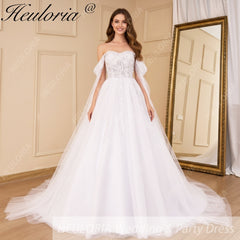 HEULORIA elegant A line wedding dress off shoulder Sparkly Glitter lace bridal dress with ribbon Robe De Mariee Wedding Bride Dress AL-819