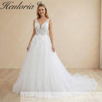 HEULORIA Romantic Floral Lace A-Line Wedding Dress - Deep V-Neck Shimmer Tulle Bridal Gown AL-1094