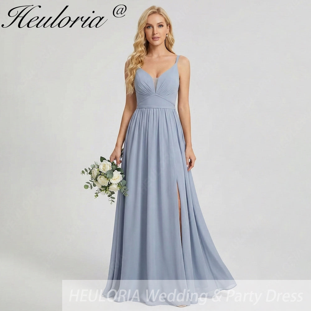 HEULORIA Dusty Blue V-Neck Chiffon Bridesmaid Dress with Twisted Straps and Side Slit ED-259