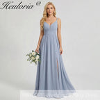 HEULORIA Dusty Blue V-Neck Chiffon Bridesmaid Dress with Twisted Straps and Side Slit ED-259