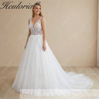 HEULORIA Ethereal Deep V-Neck Leaf Lace A-Line Wedding Dress - Shimmering Sequin Tulle & Corset Back AL-1063