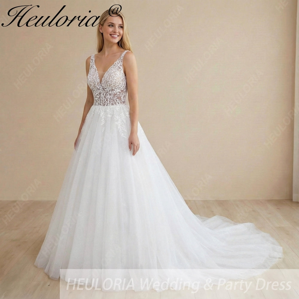 HEULORIA Ethereal Deep V-Neck Leaf Lace A-Line Wedding Dress - Shimmering Sequin Tulle & Corset Back AL-1063