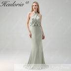 HEULORIA Elegant Dusty Sage Criss-Cross Halter Satin Mermaid Formal Gown ED-229