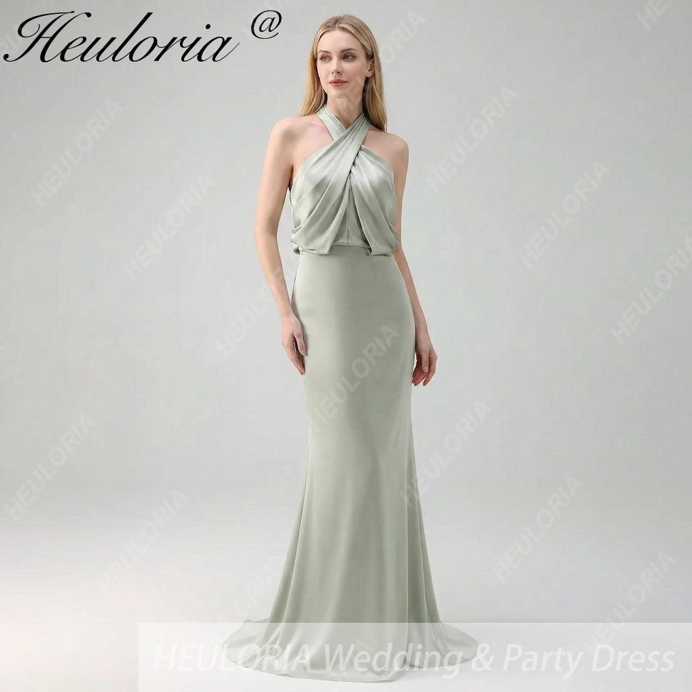 HEULORIA Elegant Dusty Sage Criss-Cross Halter Satin Mermaid Formal Gown ED-229