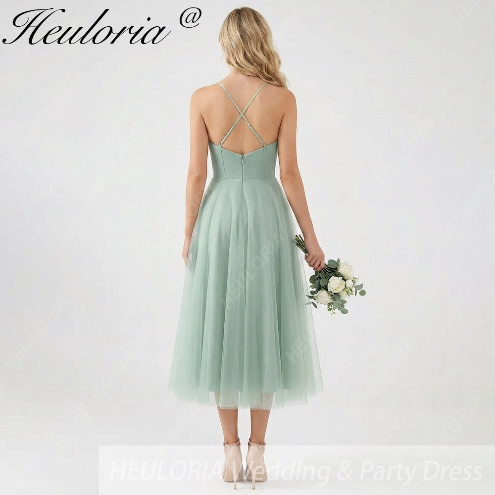 HEULORIA Sage Green Tea-Length Tulle Formal Dress - Frill Sweetheart Neckline & Corset Bodice Bridesmaid dresses ED-266 Imagen secundaria del producto