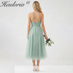 HEULORIA Sage Green Tea-Length Tulle Formal Dress - Frill Sweetheart Neckline & Corset Bodice Bridesmaid dresses ED-266