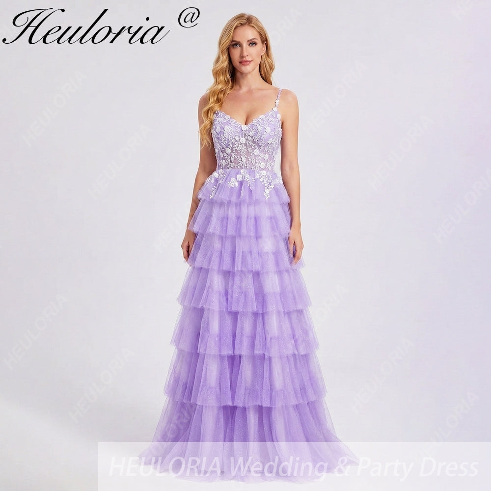 HEULORIA Enchanting Lavender Tiered Tulle Prom Dress - Floral Lace Bodice & Lace-Up Back ED-225