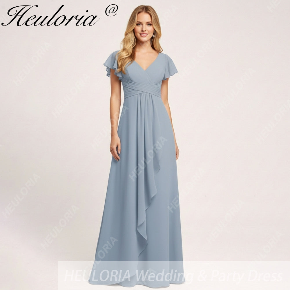 HEULORIA Long Bridemaid dress short sleeve V neck chiffon party dress formal dress ED-135