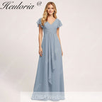 HEULORIA Long Bridemaid dress short sleeve V neck chiffon party dress formal dress ED-135