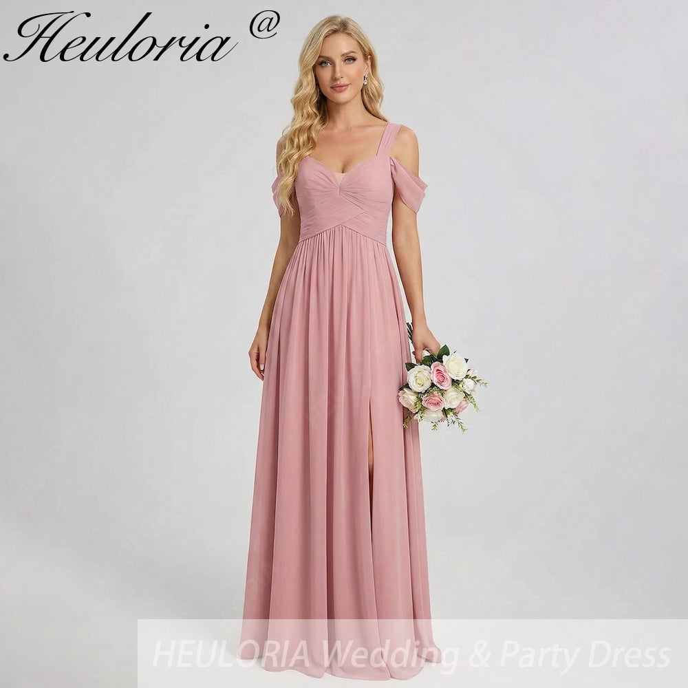 HEULORIA Elegant Dusty Rose Cold-Shoulder Chiffon Bridesmaid Dress with Criss-Cross Ruched Bodice and Side Slit ED-258