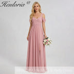 HEULORIA Elegant Dusty Rose Cold-Shoulder Chiffon Bridesmaid Dress with Criss-Cross Ruched Bodice and Side Slit ED-258