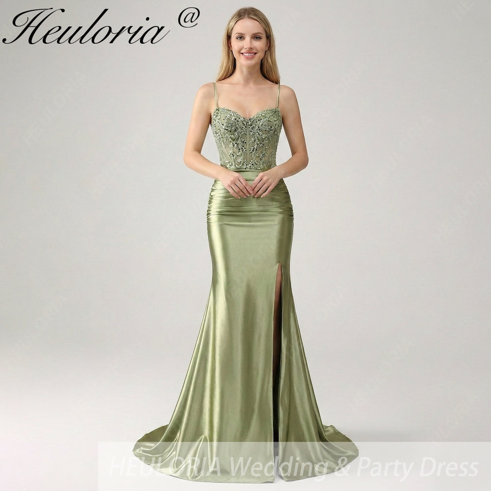 HEULORIA Sage Green Beaded Corset Satin Prom Dress with High Slit and Lace-Up Back ED-217
