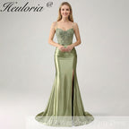HEULORIA Sage Green Beaded Corset Satin Prom Dress with High Slit and Lace-Up Back ED-217
