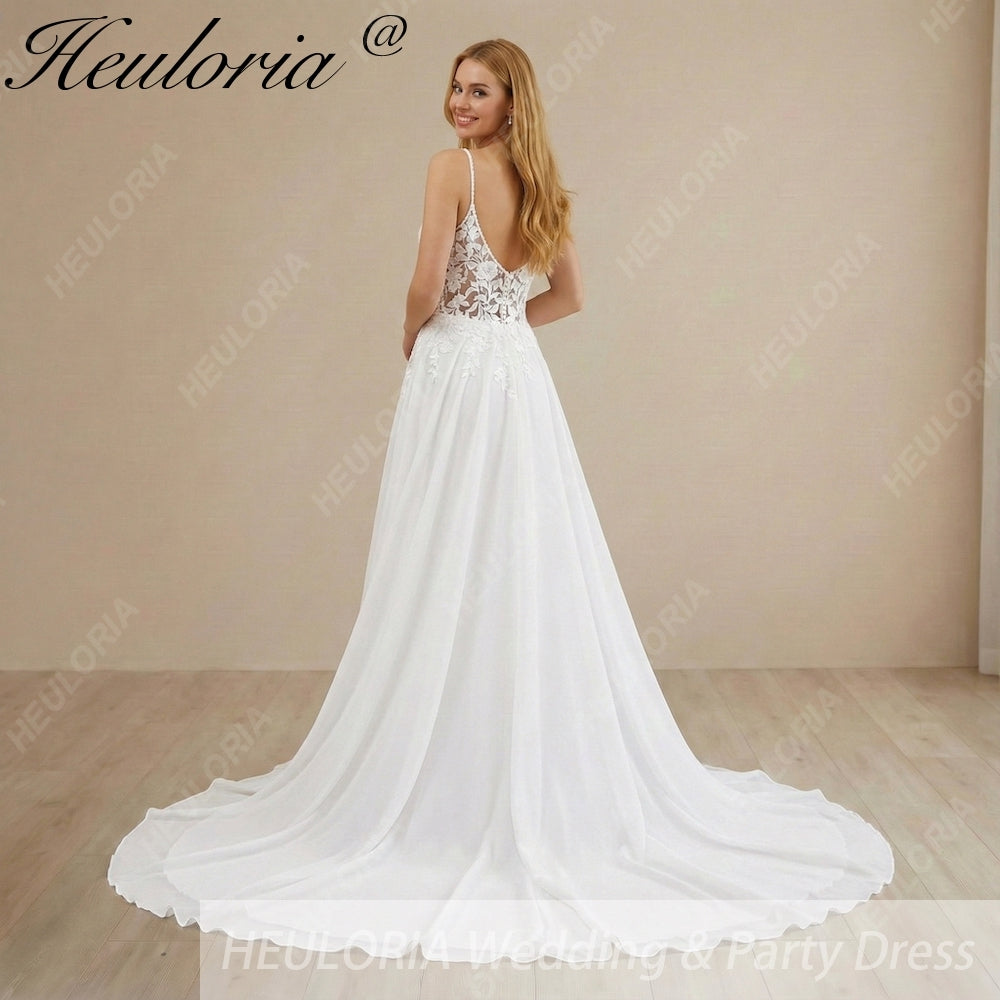 HEULORIA Ethereal V-Neck A-Line Lace Wedding Dress with Delicate Spaghetti Straps and Illusion Bodice #AL-997 Secondary image