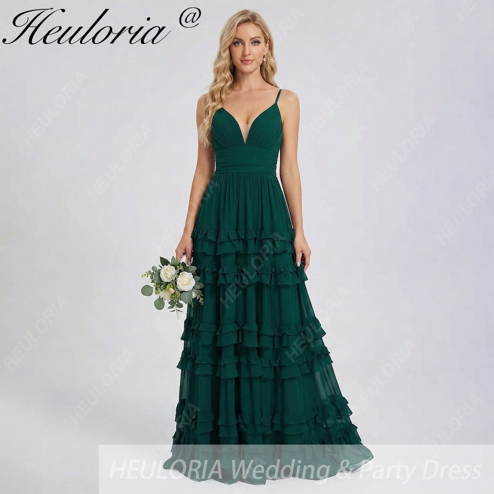 HEULORIA Dark Green Deep V-Neck Tiered Ruffle Chiffon Maxi Dress - Elegant Evening Gown ED-242 Imagen principal del producto