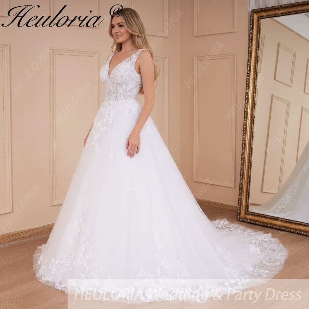 HEULORIA A-line V-Neck Court Train Lace Wedding Dress With Sequins beading AL-560A
