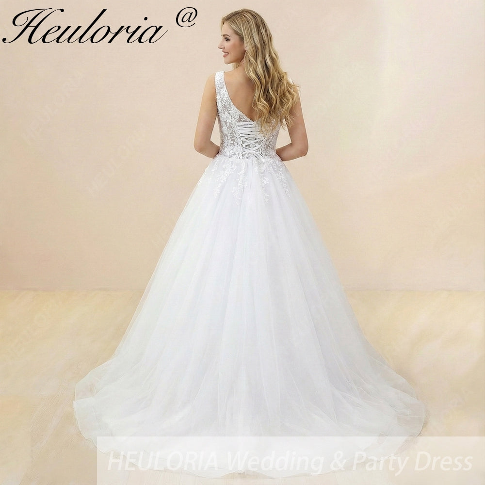 HEULORIA V Neck Sleeveless A line Wedding Dress Boho Lace Appliques Tulle Long Bridal Gowns Backless Vestidos de Novia Customized AL-1037