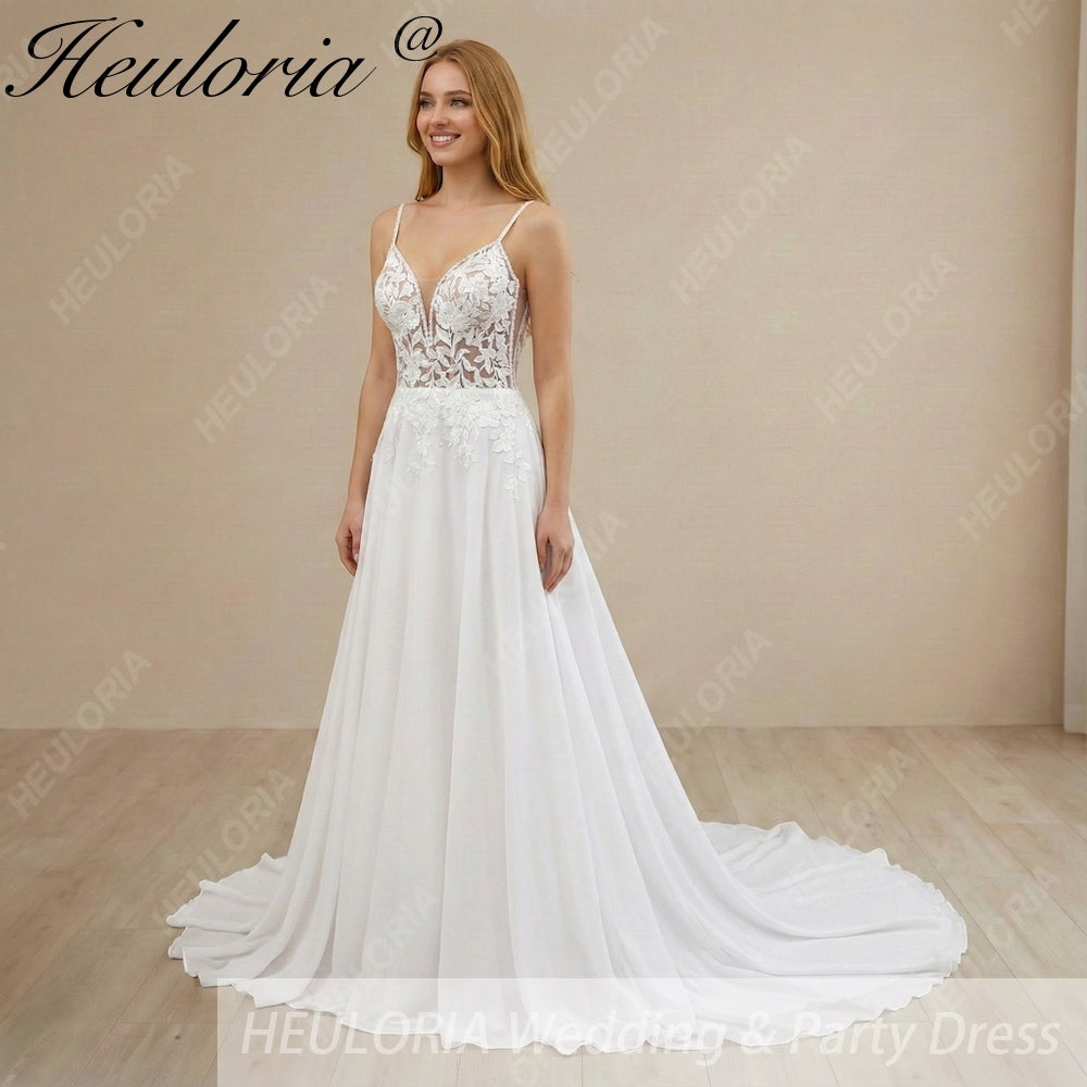 Deep V Lace Chiffon A-Line Wedding Dress