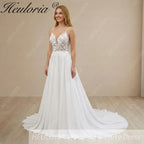 HEULORIA Ethereal V-Neck A-Line Lace Wedding Dress with Delicate Spaghetti Straps and Illusion Bodice #AL-997