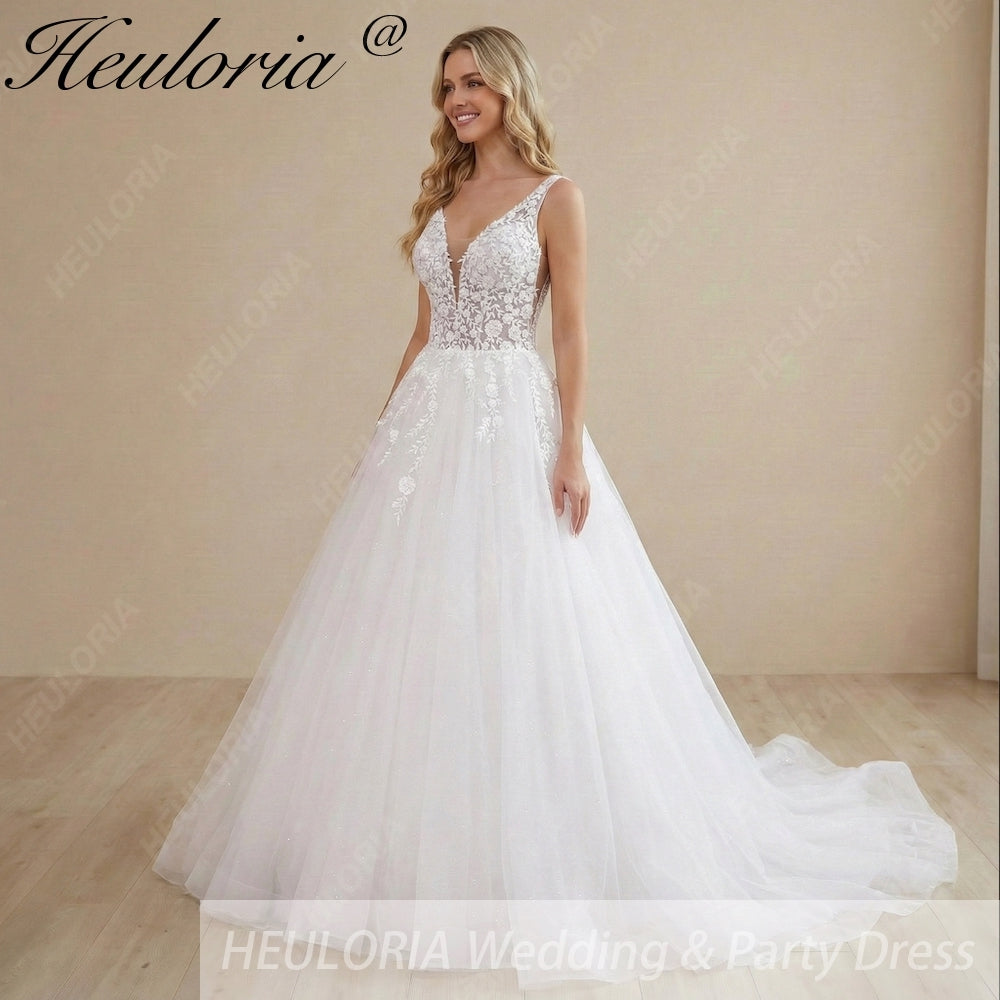 HEULORIA Illusion Deep V-Neck Floral Lace Ball Gown Wedding Dress with Glitter Tulle & Corset Back AL-1023